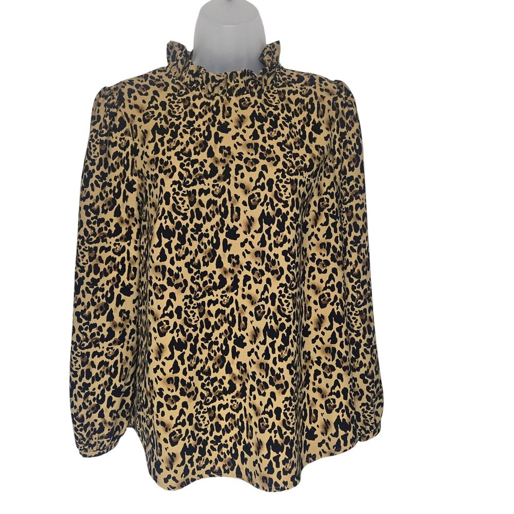 J Crew Women Size Small Animal Print Long Sleeve Blouse High Ruffle Neck Office